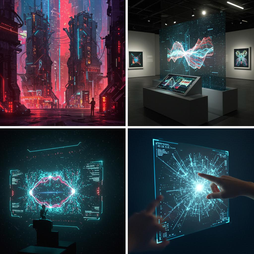 미래형 디지털 아트와 인터랙티브 기술을 보여주는 4개의 장면 - 사이버펑크 도시 풍경, 갤러리의 홀로그램 설치 작품, 대형 디지털 아트 앞의 관람객, 투명한 터치스크린에 손가락으로 상호작용하는 모습