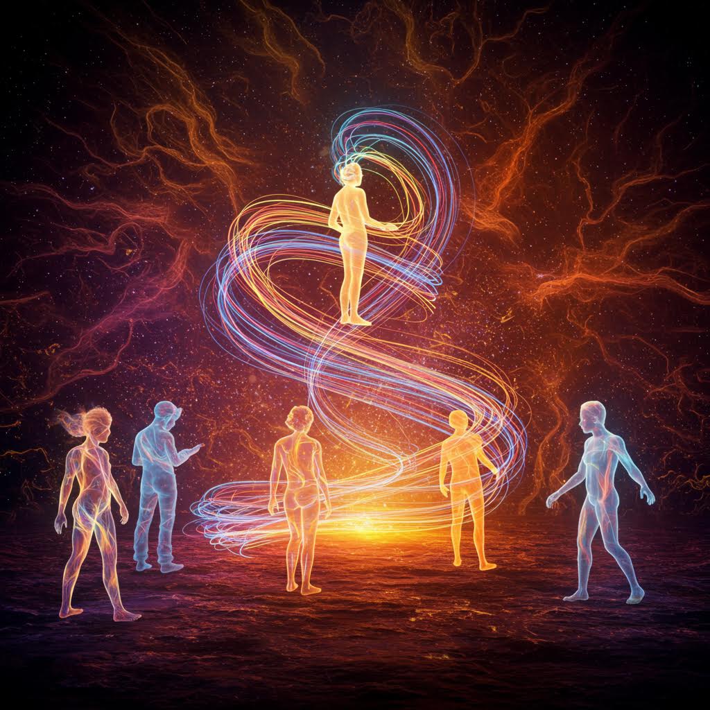 우주적 배경에서 중앙의 빛나는 인간 형상을 중심으로 다채로운 에너지 선이 소용돌이치고, 주변에 5명의 반투명한 인체 형상이 원을 이루며 서 있는 영적 각성 또는 집단 의식을 상징하는 초현실적 디지털 아트