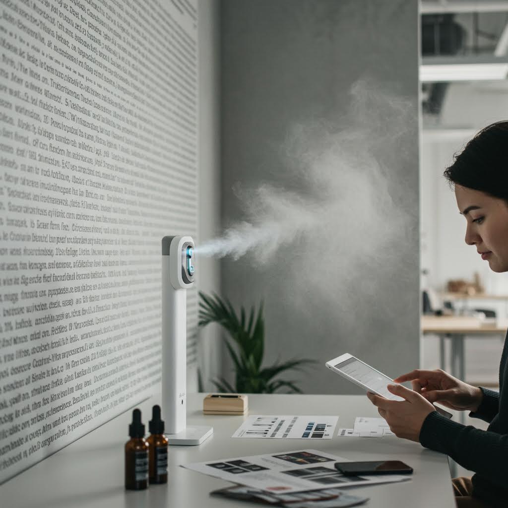 미니멀한 홈오피스에서 벽걸이형 스마트 가습기가 미스트를 분사하는 동안 태블릿으로 작업하는 여성