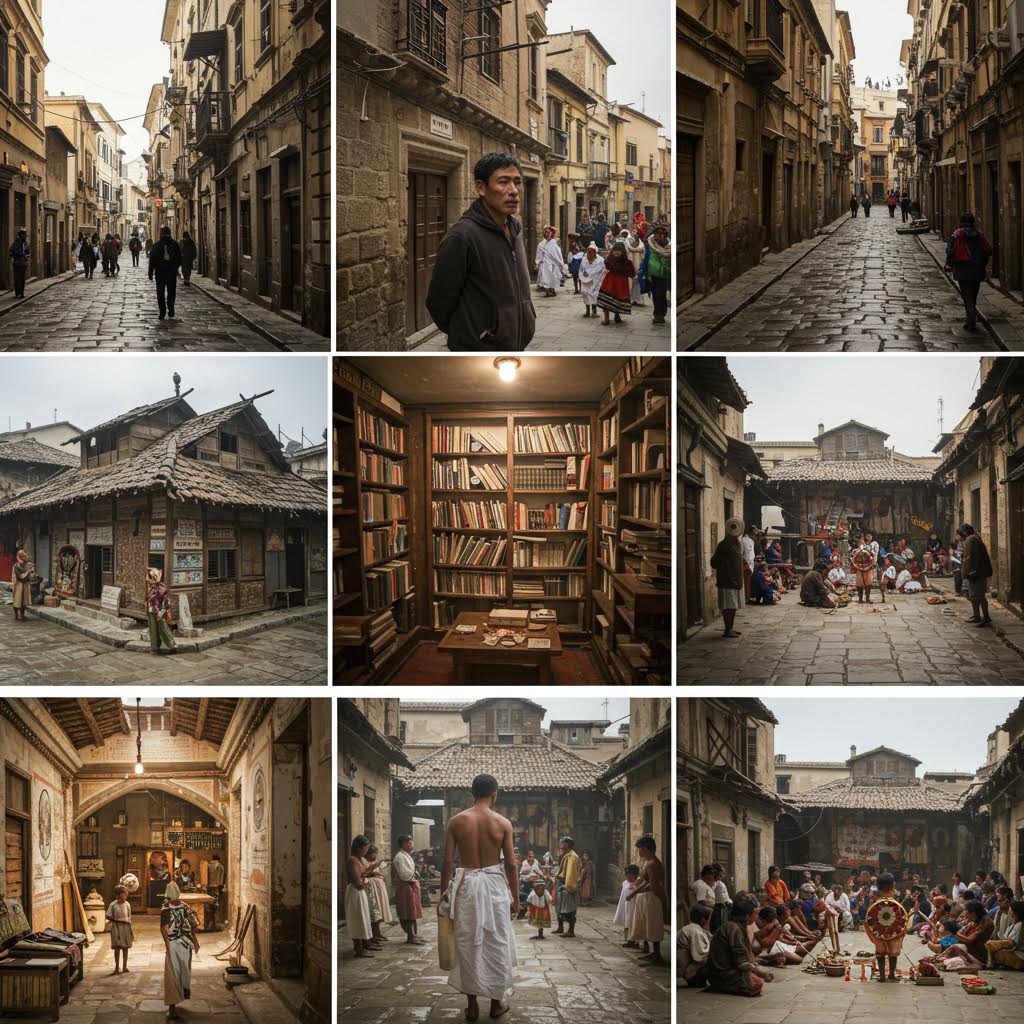 전통적인 아시아 마을이나 역사 지구의 일상을 담은 9개의 사진 콜라주 - 돌길 거리, 주민들, 전통 가옥, 서점이나 도서관 내부, 시장 풍경, 공동체 활동 등을 포함한 문화유산 지역의 삶