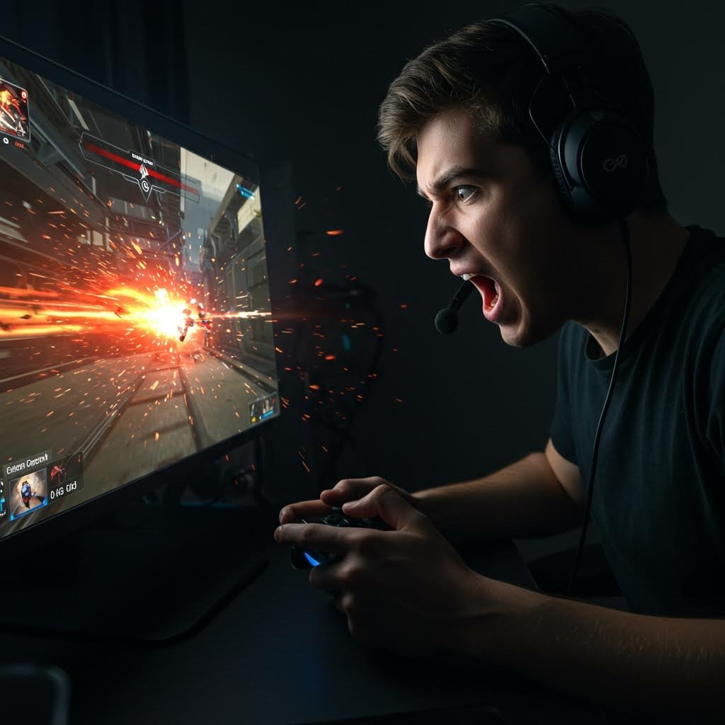 열정적인 게이머 - 헤드셋을 착용하고 폭발 장면이 나오는 게임에 몰입한 젊은 남성 e스포츠 플레이어