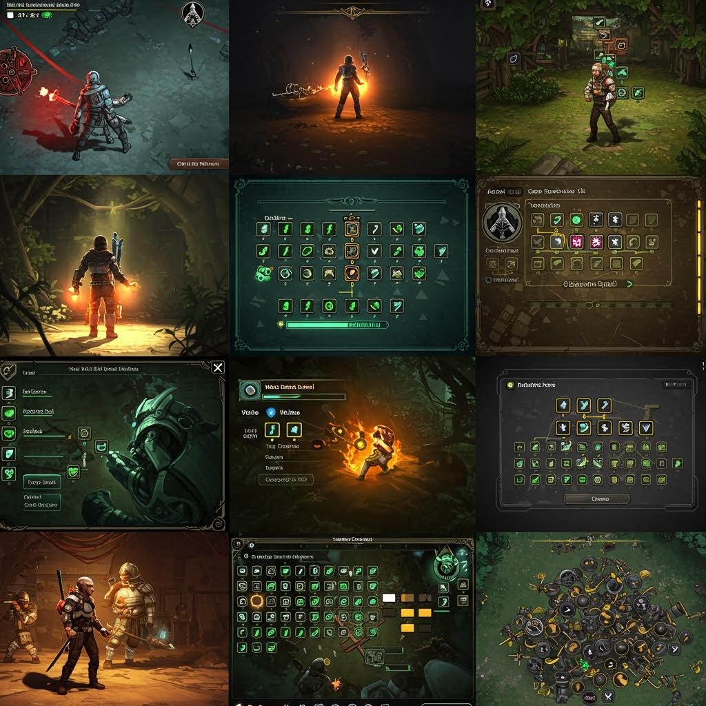 RPG 게임 스크린샷 콜라주 - 캐릭터, 스킬 트리, 인벤토리, 전투 장면 등 역할 수행 게임 인터페이스 모음