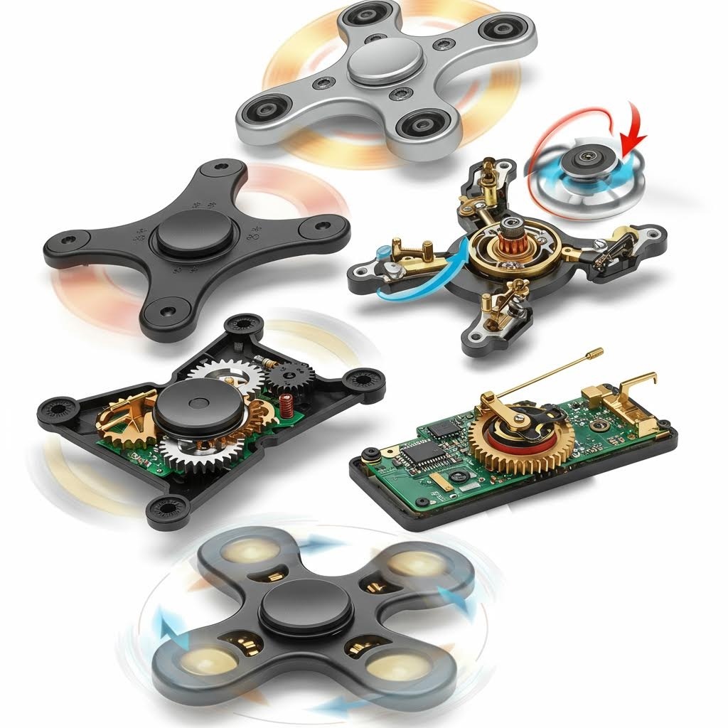 피젯 스피너의 내부 기어 구조와 회전 메커니즘을 단계별로 보여주는 기술 설명 이미지