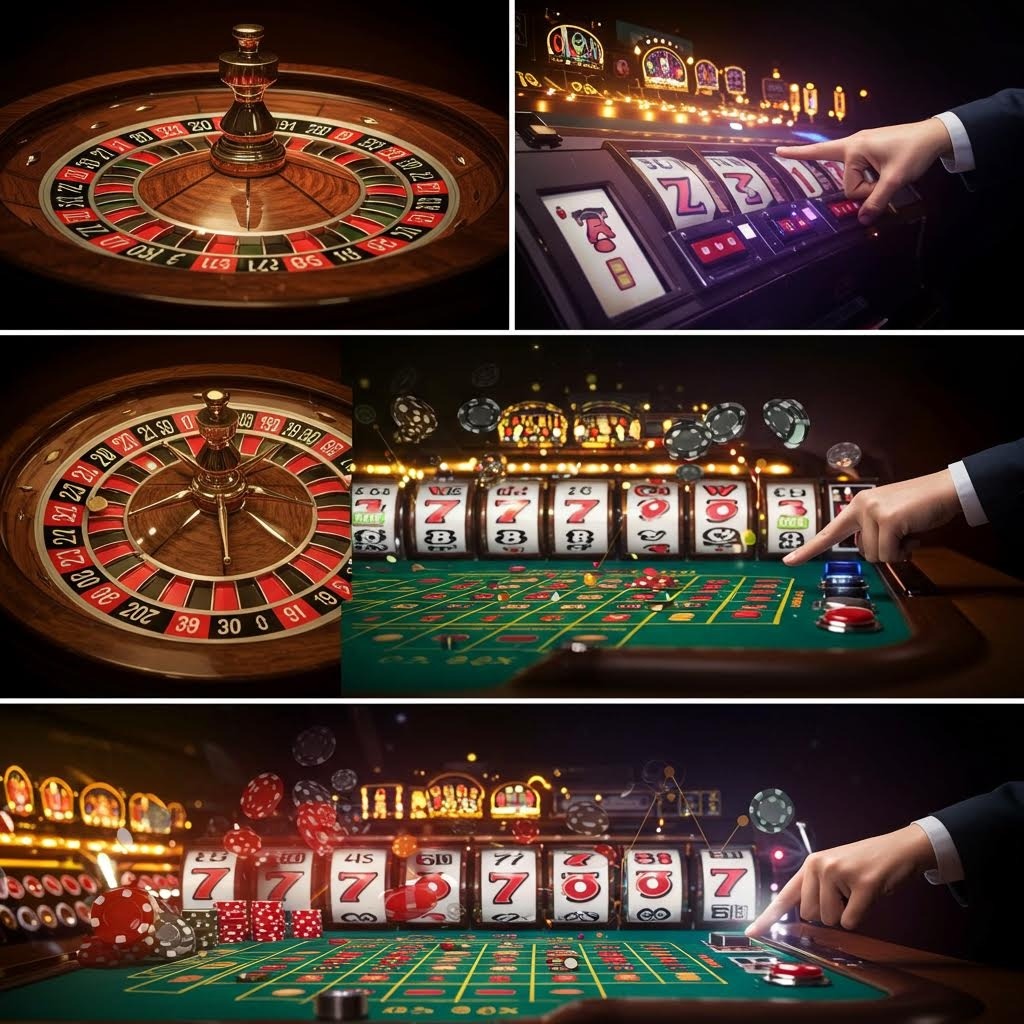 룰렛 휠과 슬롯머신을 배경으로 사용자가 버튼을 누르는 장면 등 전통 카지노 게임의 연속적인 순간을 담은 콜라주 이미지
