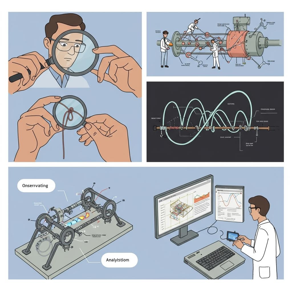 연구자가 도구를 관찰하고 복잡한 장치의 작동 과정을 분석하는 장면을 여러 그림으로 구성한 과학 시각화 이미지