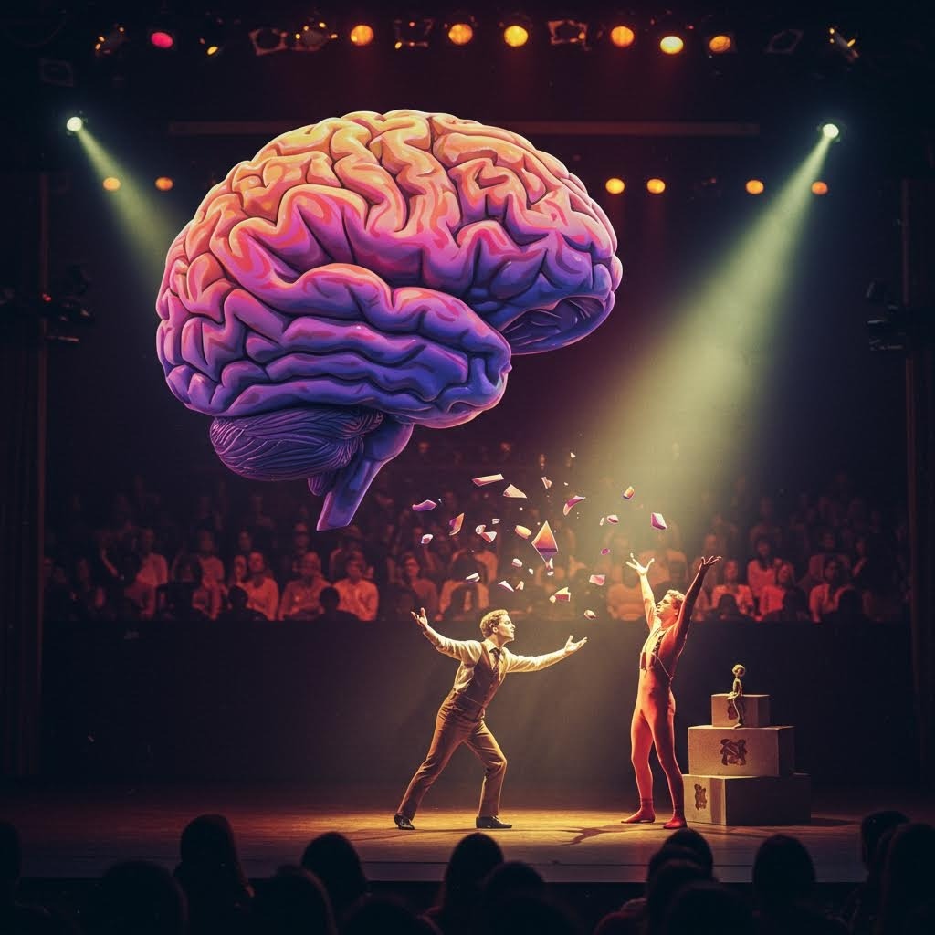 무대 위에서 거대한 뇌 모형이 떠 있고 공연자들이 조각들을 띄우는 장면으로, 인간의 인지와 심리를 상징적으로 표현한 이미지