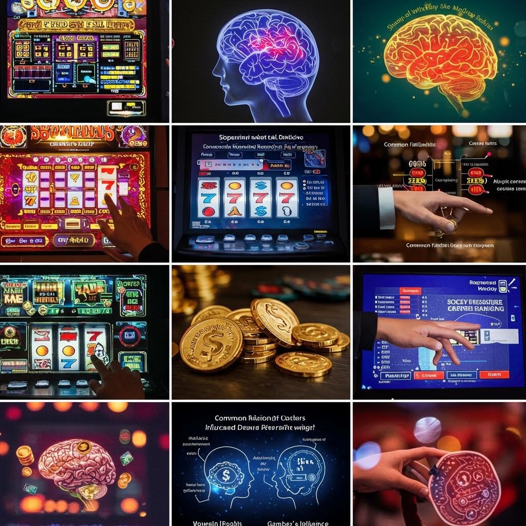 슬롯머신 화면, 뇌 활동 시각화, 코인 토큰, 사용자 행동 장면 등 도박 행동과 심리 요소를 다양한 시각으로 보여주는 콜라주 이미지