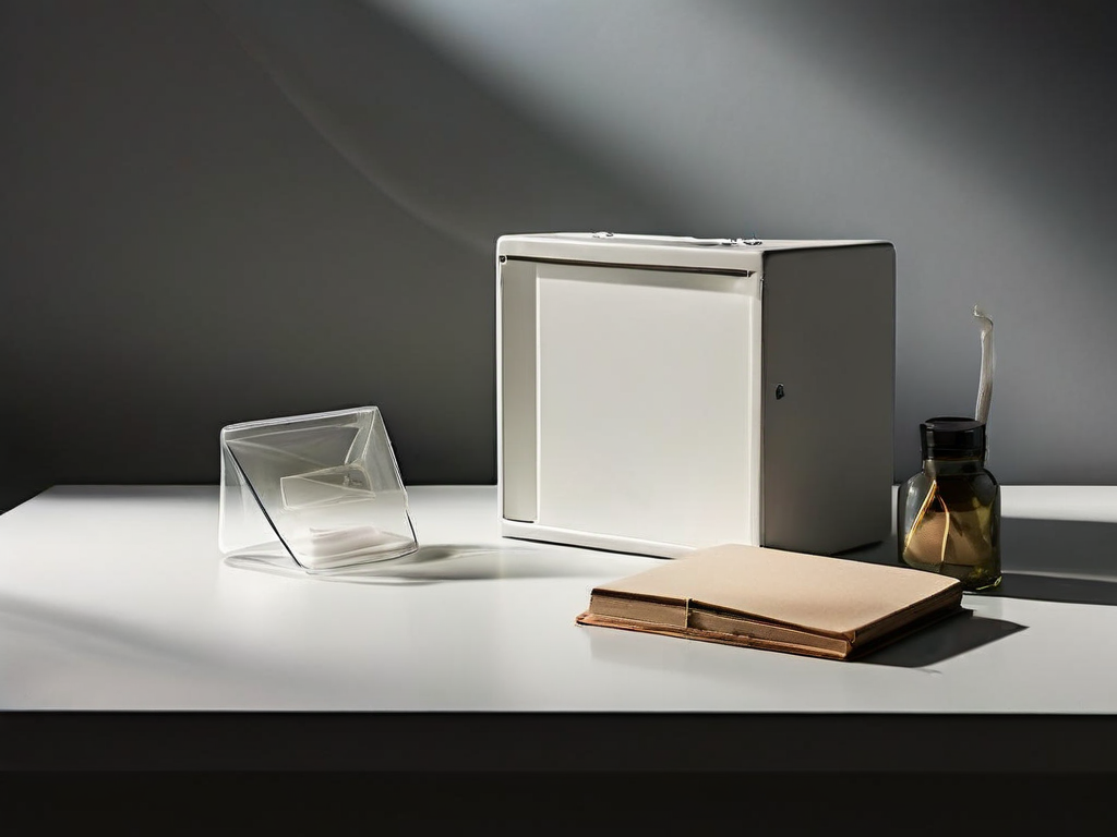 Blank question mark card and sealed archive box on acrylic tray.