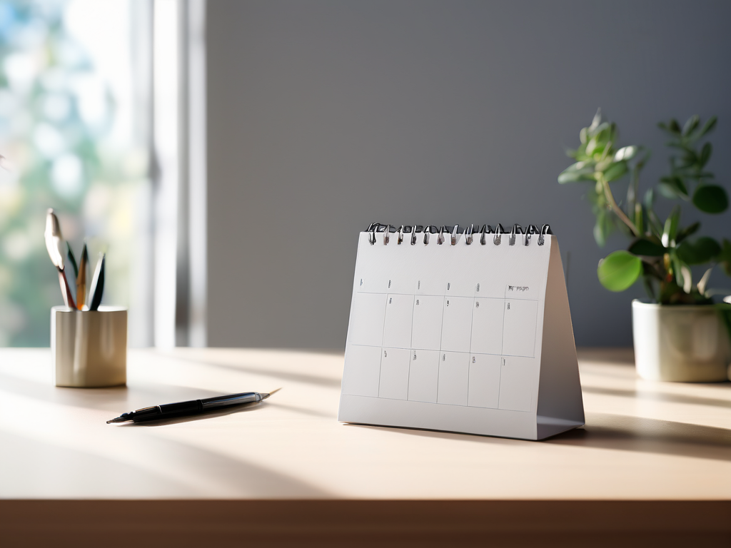 Calendar block and small notice card on a clean desk, soft side light.