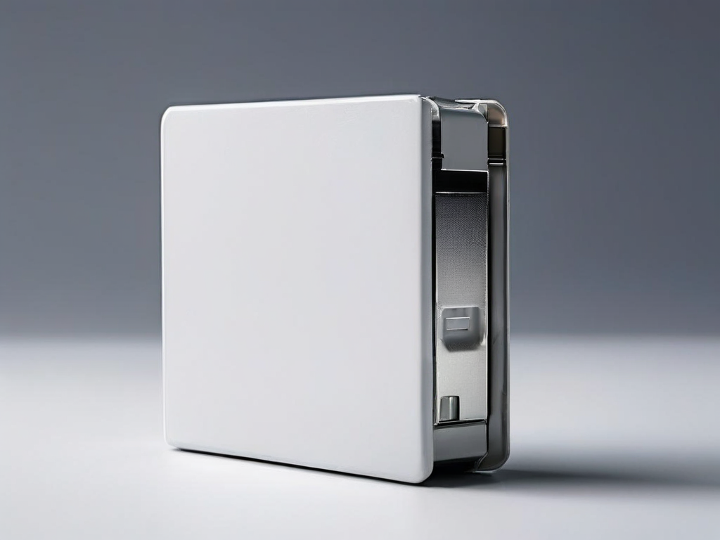 A memory card, sealed external drive, and blank photo sleeve arranged on a gray studio surface.