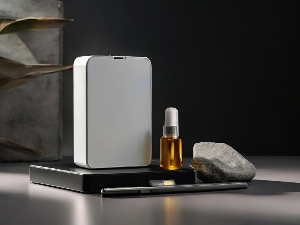 Portable hard drive with stacked data blocks and a small capacity gauge on a stone counter, soft studio lighting.