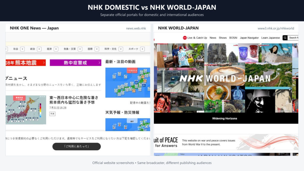 Comparison of NHK’s domestic Japanese website and NHK WORLD-JAPAN for international audiences, showing how one broadcaster operates separate news portals.