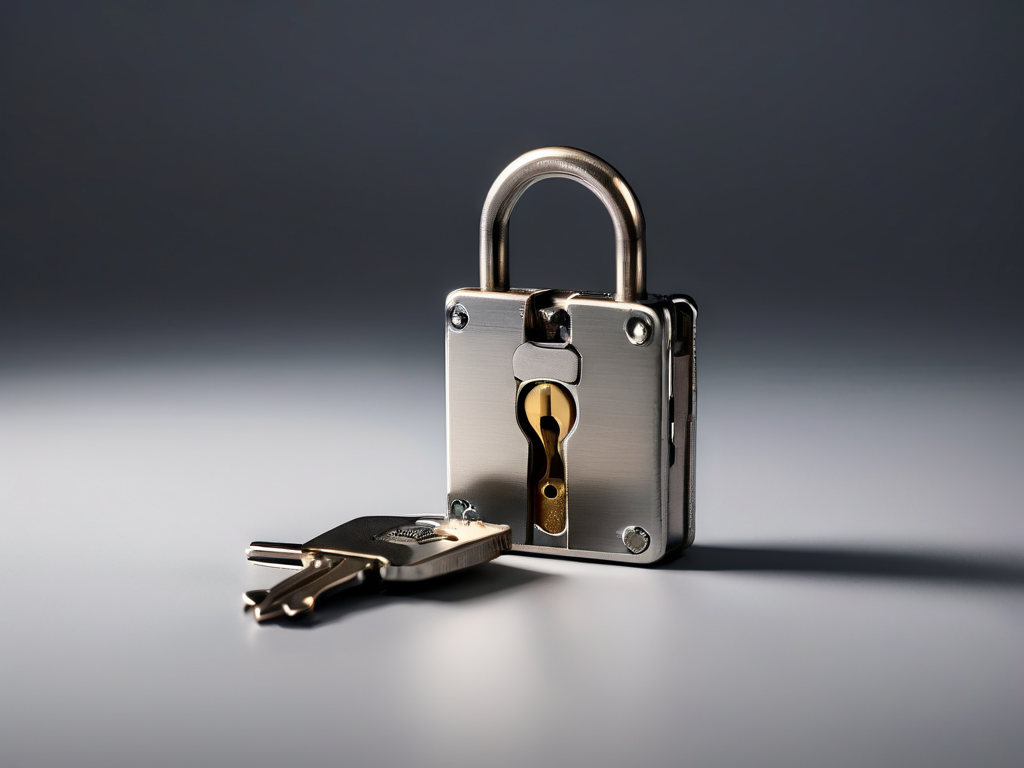 Small metal lock, closed key case, and blank security card on matte gray studio surface with soft side light and clean shadow.