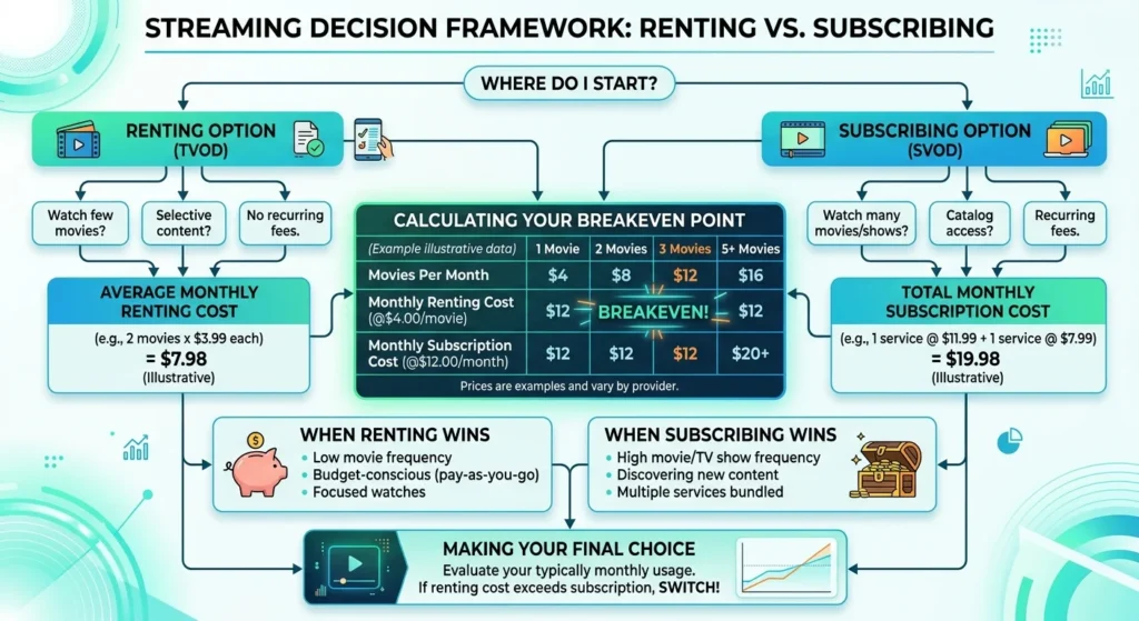 This framework calculates the break-even point between renting individual movies and subscribing to streaming services.